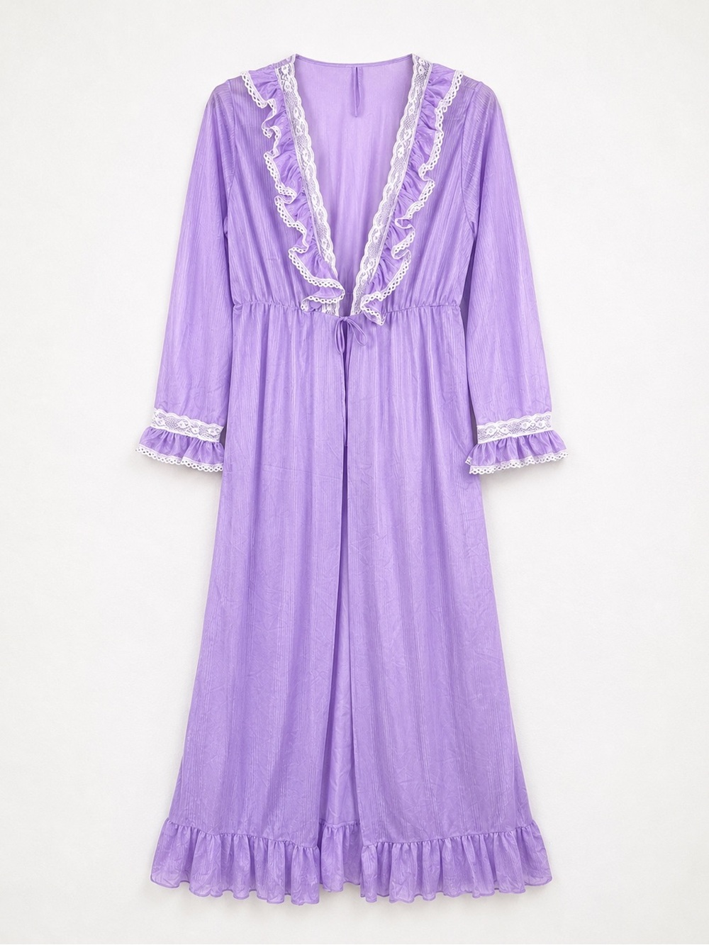 Vintage 70s Lavender Sheer Nylon Lace Ruffle Peignoir Robe M